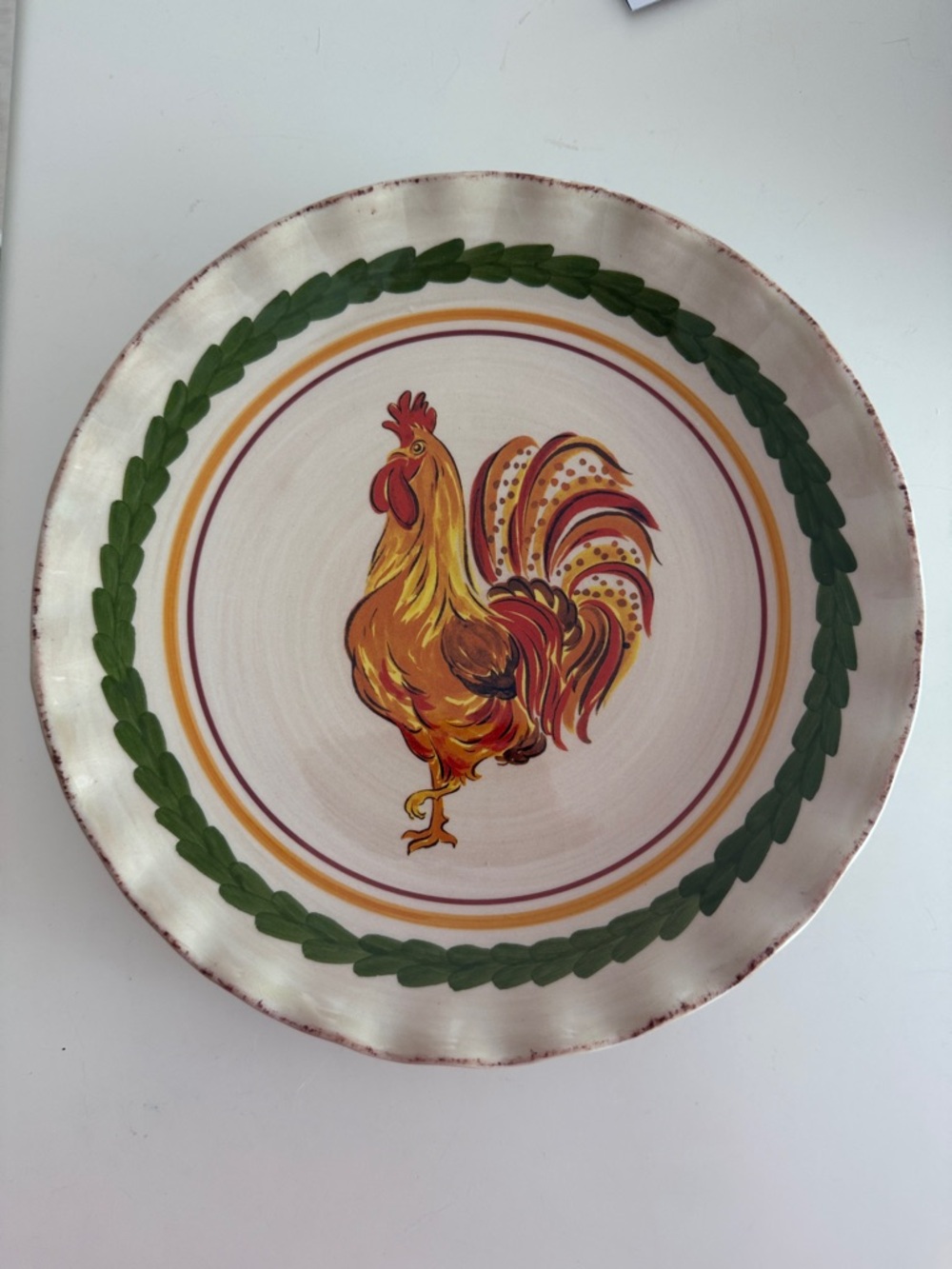 Williams Sonoma Rooster Ceramic Serving Plate - Green and Yellow Accents